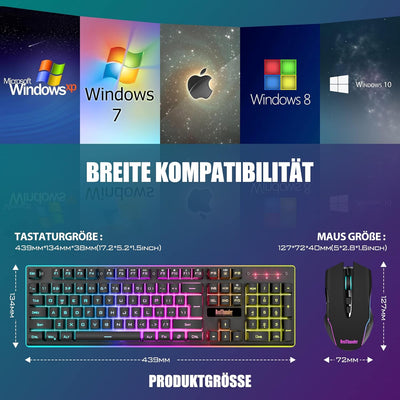RedThunder K10 Kabelloses Gaming Tastatur und Maus Set, QWERTZ DE Layout, 3000mA Batteriekapazität u