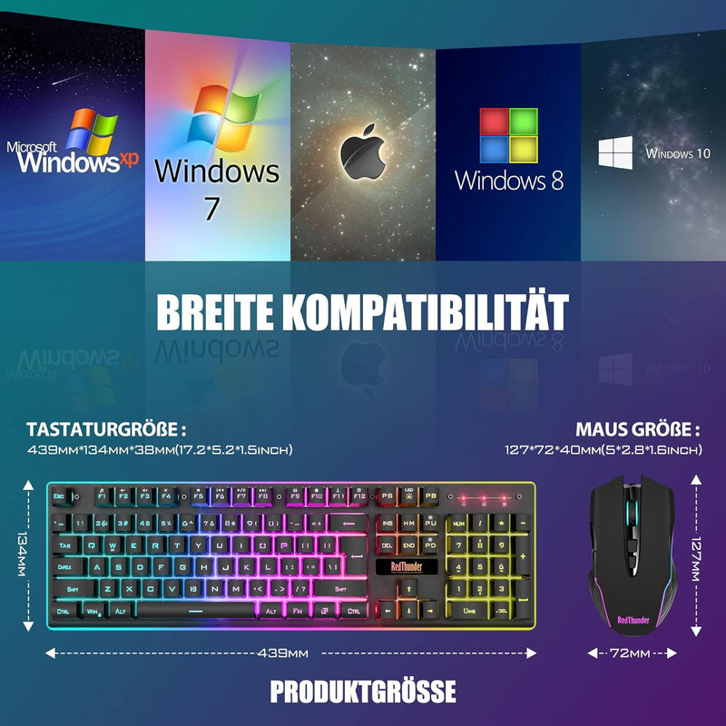 RedThunder K10 Kabelloses Gaming Tastatur und Maus Set, QWERTZ DE Layout, 3000mA Batteriekapazität u
