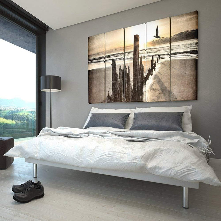 Feeby Frames, Leinwandbild Bilder Wand Bild - 5 Teile - Wandbilder Kunstdruck (WELLENBRECHERS, BRAUN