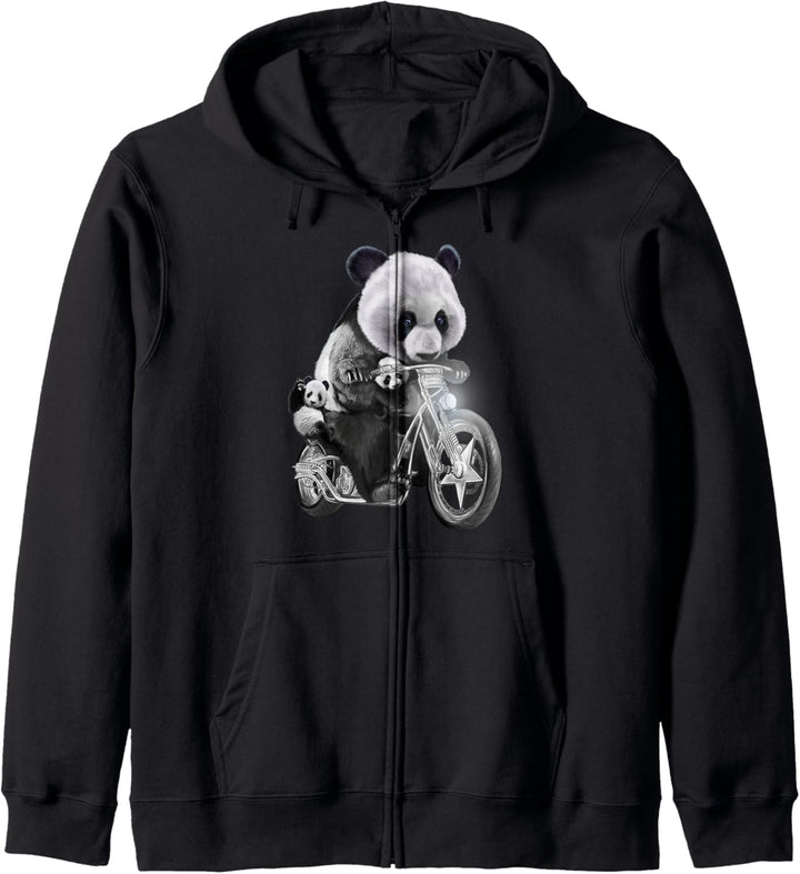 Riesenpanda mit Jungen, die Motorräder fahren Kapuzenjacke