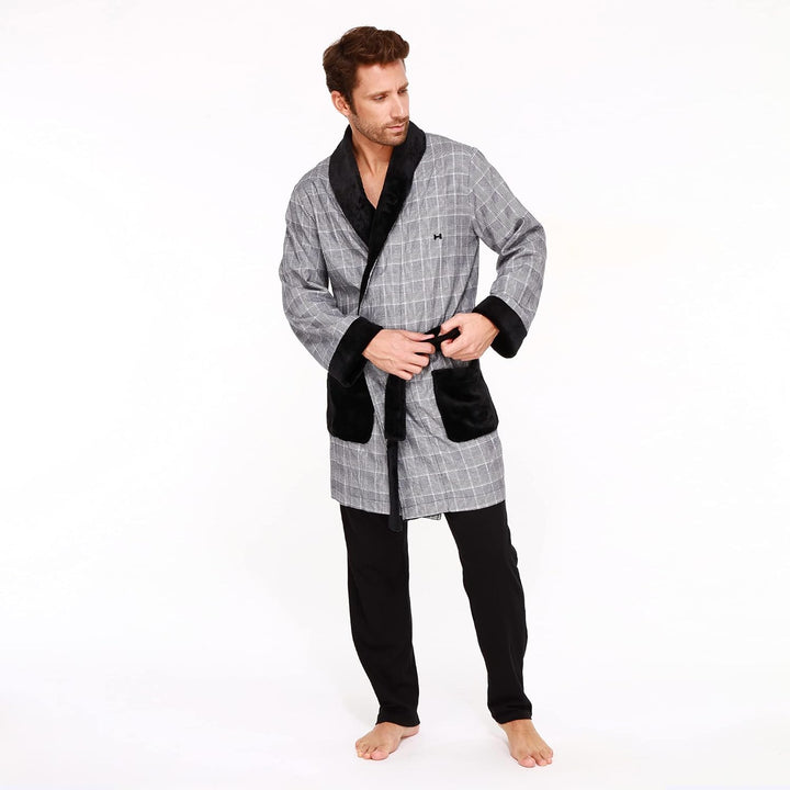 HOM Herren Bademantel 'Benjamin' Wellness Hausmantel kariert L Schwarz, L Schwarz
