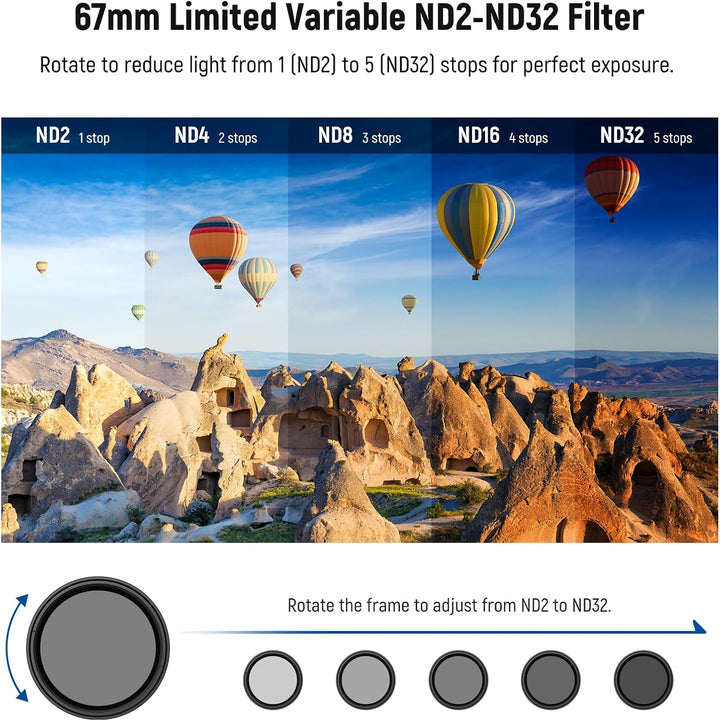 NEEWER 67mm Variabler ND Filter, Clip On Handy Filter, ND2-32 (1-5 Stop), Graufilter, Fotografie Zub