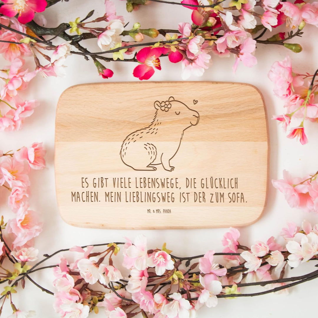 Mr. & Mrs. Panda Holzbrett Capybara Blume - Geschenk, Lustige Sprüche, Frühstücksbrett, Küchenbrett,