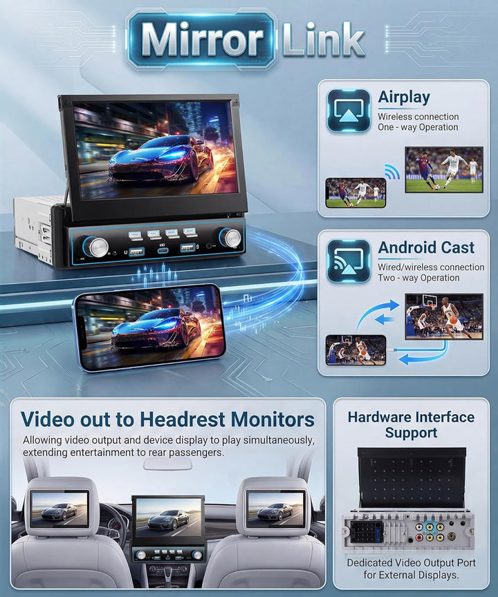 VECHTEL Autoradio 1 Din Carplay Android Auto Wireless mit 7 Zoll Manuell ausziehbarer Bildschirm mit