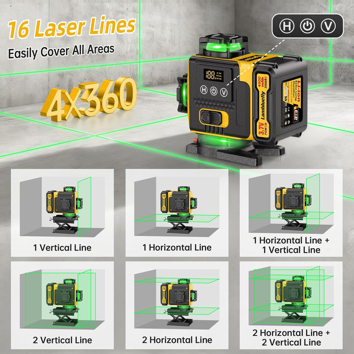 Kreuzlinienlaser mit Stativ, Laser Wasserwaage mit 2x4800mAh Batterien, 4x360 Grad Laser Level mit L