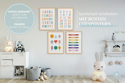 Papierschmiede® Kinderbilder 4er Set Lernposter, A4 gerahmt in Holzrahmen (Natur), Geschenk für Mädc