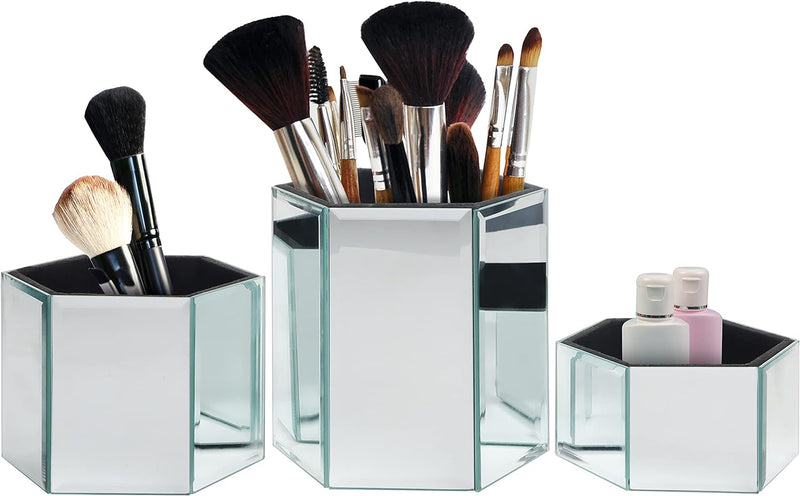 Kurtzy 3-er Set Make Up Pinsel Behälter Sechseckig Verspiegelt – Pinselhalter Silber Klein, Mittel &