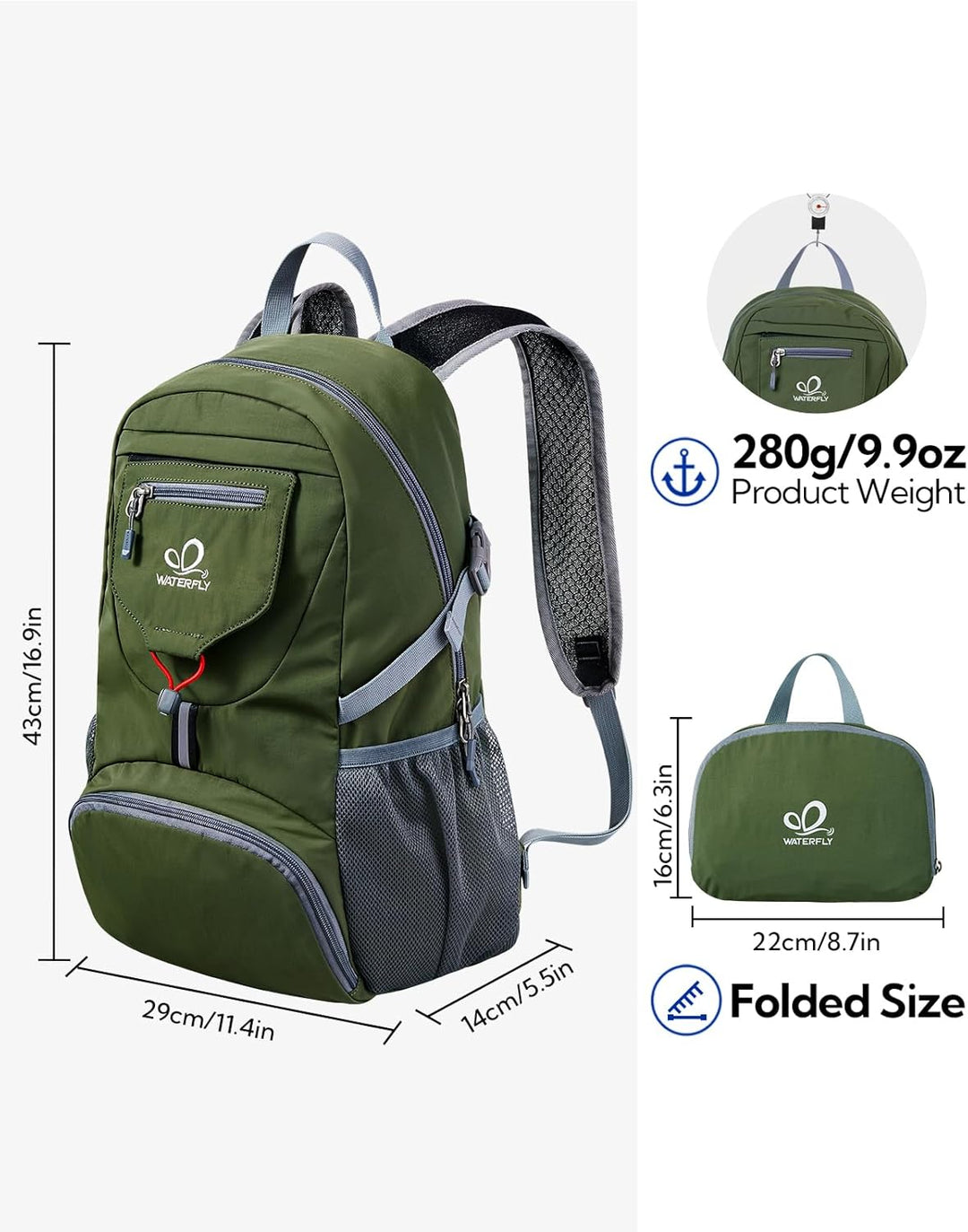 WATERFLY Ultraleicht Faltbar Klein Rucksack: 20L Leicht Packable Wanderrucksack Tagesrucksack Trekki