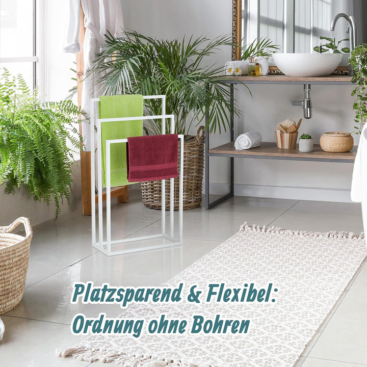 Relaxdays Handtuchständer, 3 Stangen, Stahl, H x B x T: 82,5 x 46 x 21 cm, freistehender Duschtuchha