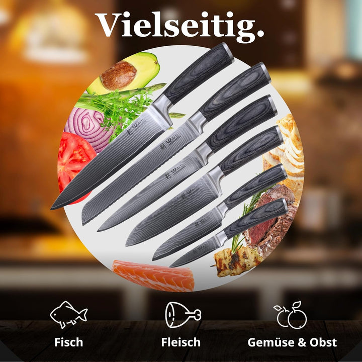 Wakoli Edis 6er Damastmesser-Set mit Klingenlängen von 8,50 cm bis 20,00 cm extrem scharf aus 67 Lag