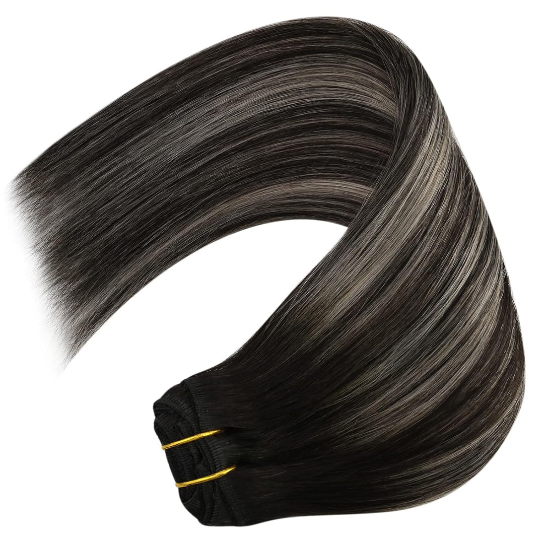 YoungSee Echthaar Extensions Clip Ombre Schwarz 7 Stück 30cm Clip in Extensions Echthaar Schwarz Bal