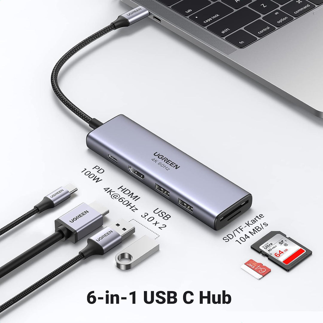 UGREEN USB C Hub 4K 60Hz USB C Adapter mit 100W PD, HDMI, SD/TF, 2 USB 3.0 Kompatibel mit MacBook Pr