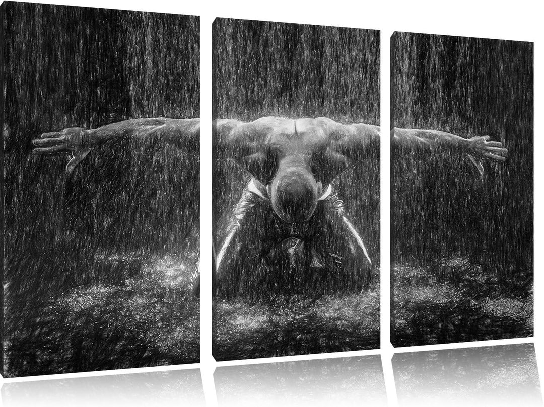 Pixxprint Bodybuilder im Regen Kunst Buntstift Effekt 3-Teiler Leinwandbild 120x80 Bild auf Leinwand