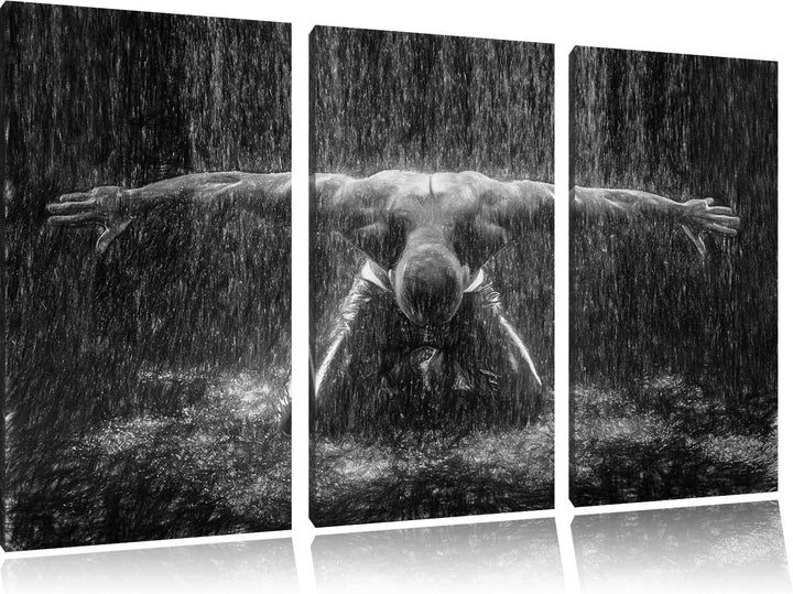 Pixxprint Bodybuilder im Regen Kunst Buntstift Effekt 3-Teiler Leinwandbild 120x80 Bild auf Leinwand