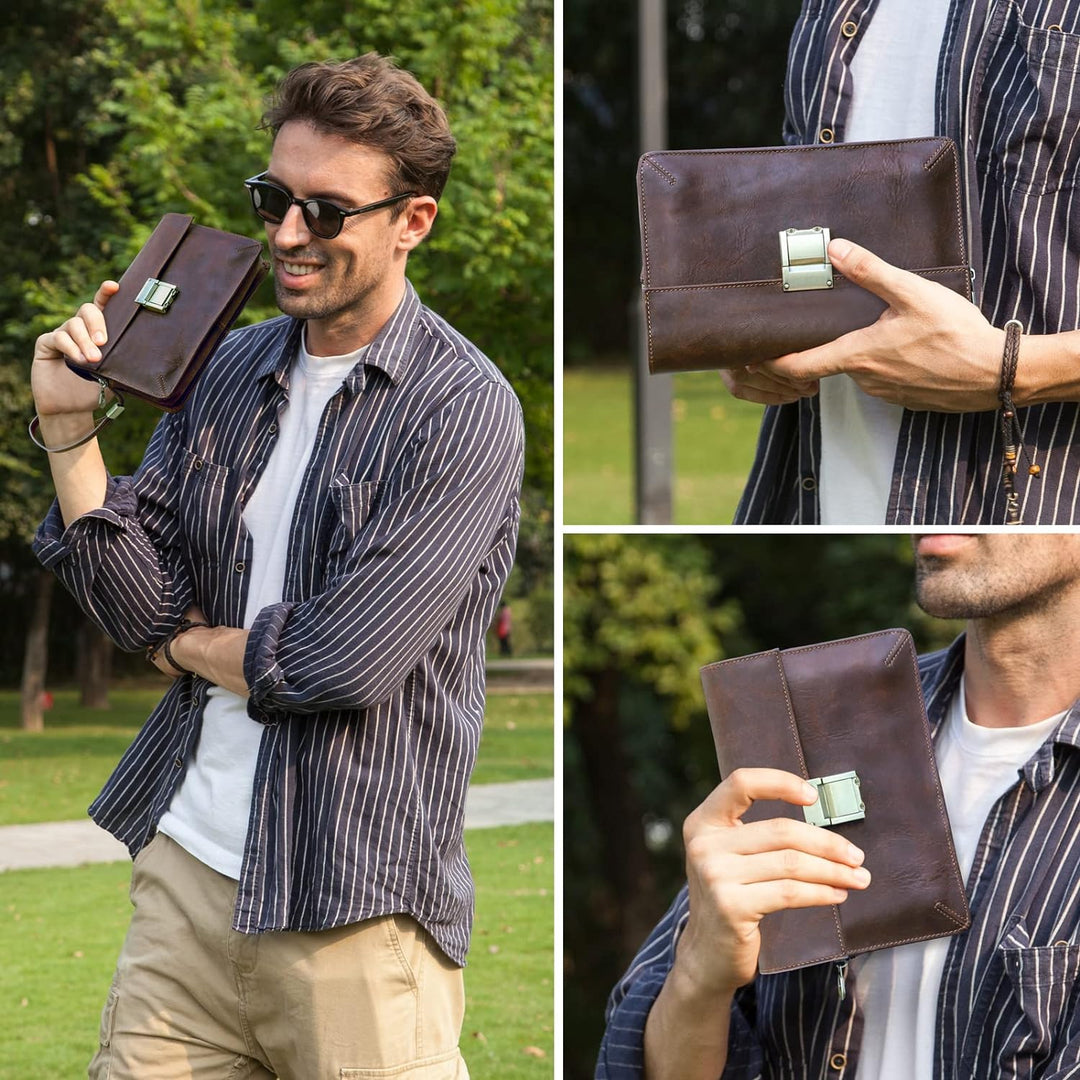 Contacts Herren-Leder-Clutch Geschäftsreise Reissverschluss-Clutch mit Zahlenschloss Lange Retro-Bri