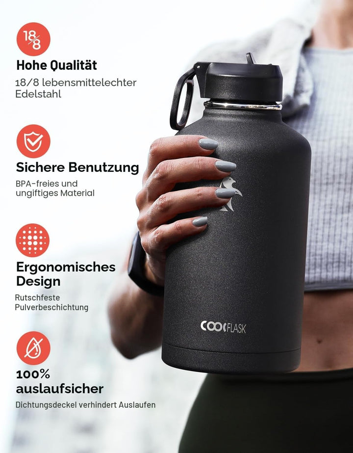 Isolierte Wasserflasche 2L, Coolflask Wasserflasche mit Strohhalm &amp; 3 Deckeln, Isolierte trinkflasch