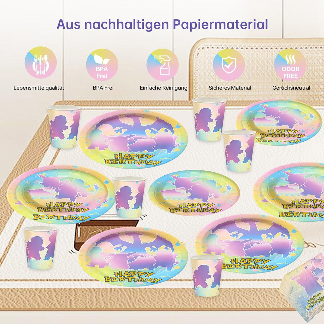 Partygeschirr Set, 80 Stück Pappgeschirr mit Pappteller Pappbecher Servietten für 20 Gäste, Bunte Ca
