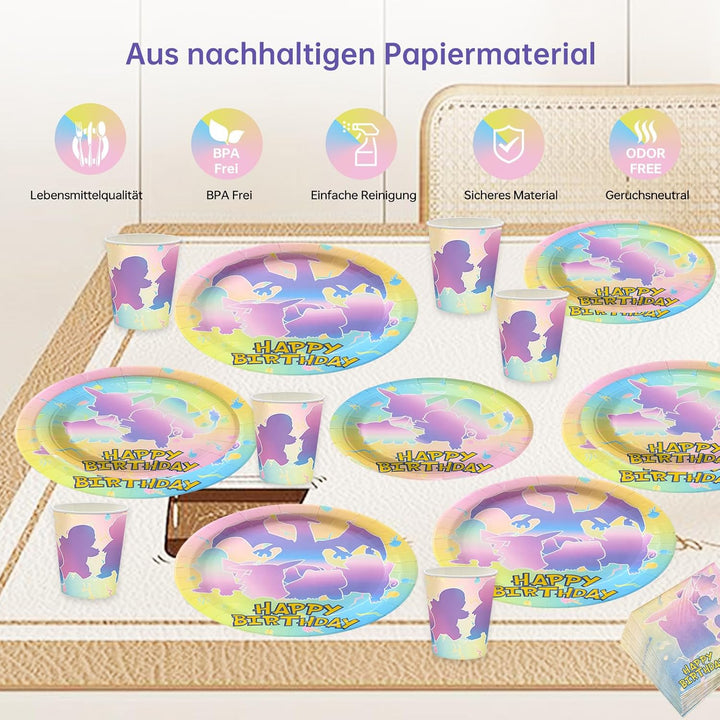 Partygeschirr Set, 80 Stück Pappgeschirr mit Pappteller Pappbecher Servietten für 20 Gäste, Bunte Ca