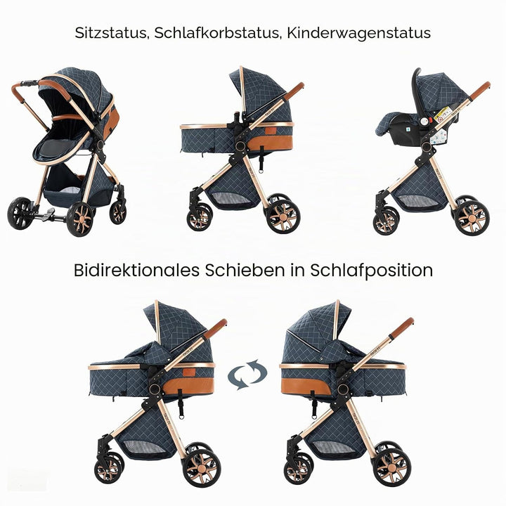 Sianldcone Kinderwagen 3 in 1, Hochwertige Stoffe Kinderwagen Set, Zwei-Wege-Schiebefunktion Reisesy