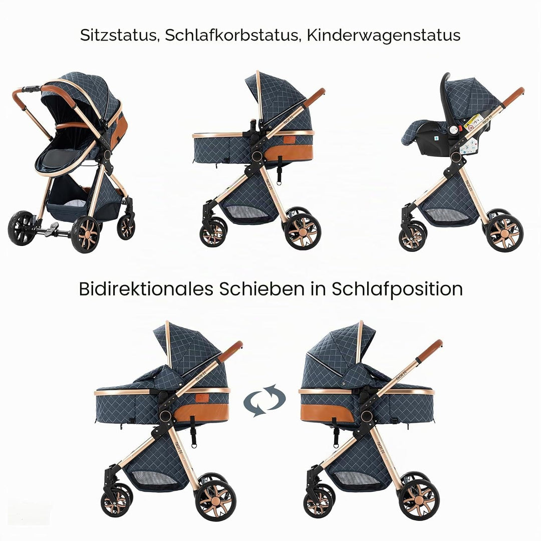 NADDLILY Kinderwagen 3 in 1, Buggy mit Umkehrbarem Zwei-Wege-Schub, Kinderwagen mit Faltbarem Tragba