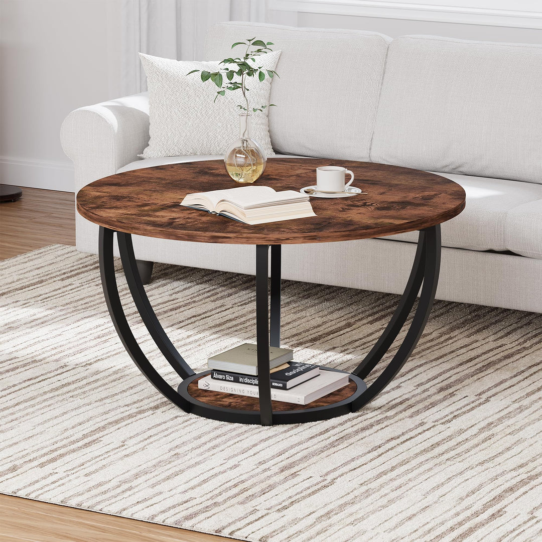 HOMERECOMMEND Round Coffee Table,Couchtisch Rund,2 stufiger Couchtisch mit Lagerung Regale,Wohnzimme