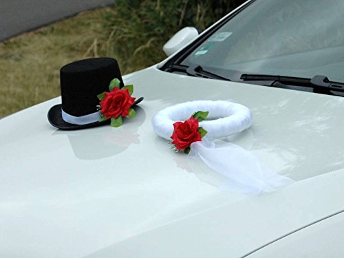 Schleier UND Hut Autoschmuck Rose Car Dekoration Hochzeit Wedding ®Auto-schmuck (Rot), Rot