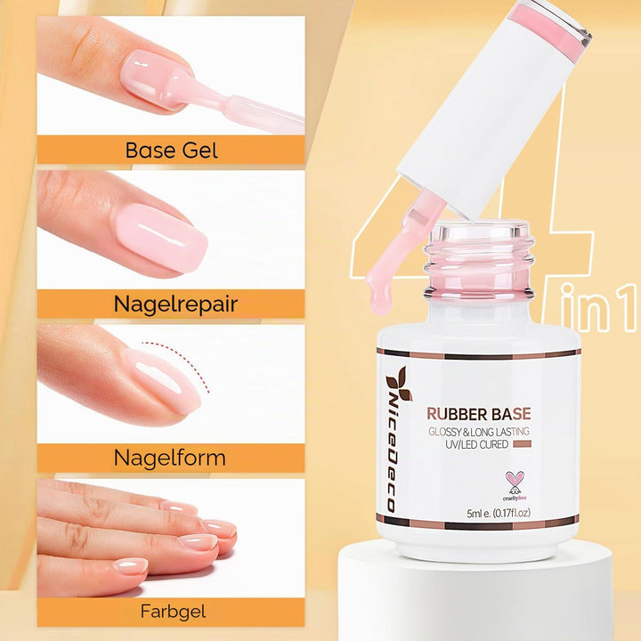 Nicedeco 4 in 1 Gummi-Basen-Gel-Set Für Nägel, Nude Rose Pink Transparentes Gel-Nagellack UV LED Aus