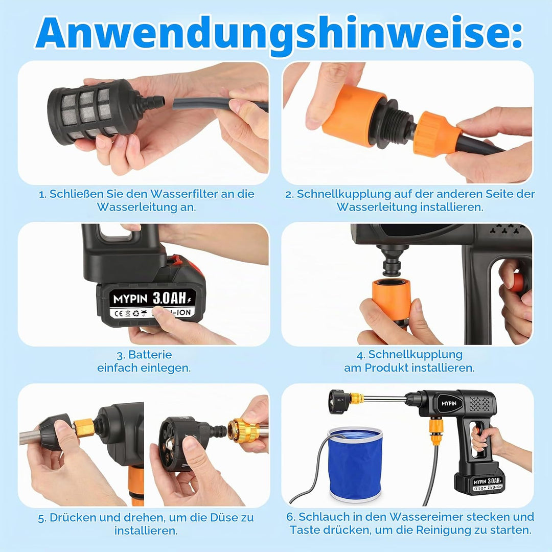 MYPIN Tragbarer kabelloser Hochdruckreiniger, 600 PSI 21V 2X wiederaufladbare Batterien Druckreinige