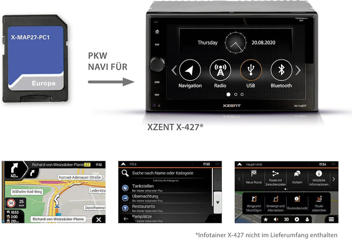 X-MAP27-PC1: Micro SD-Karte mit PKW Navigation für XZENT Infotainer X-427, Karten für Europa, Premiu