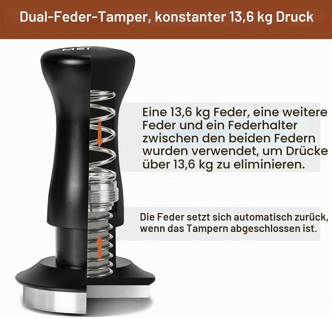 MEION Espresso Tamper 53.3mm, Kaffee Tamper, auf 30 lbs Anpressdruck kalibiriert, Dual Federbelastet