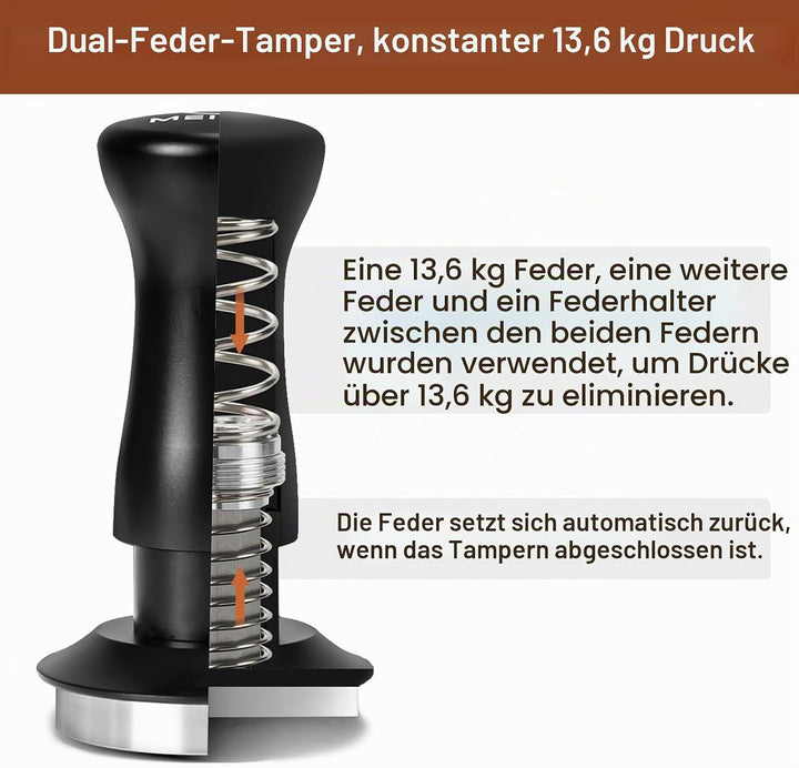 MEION Espresso Tamper 53.3mm, Kaffee Tamper, auf 30 lbs Anpressdruck kalibiriert, Dual Federbelastet