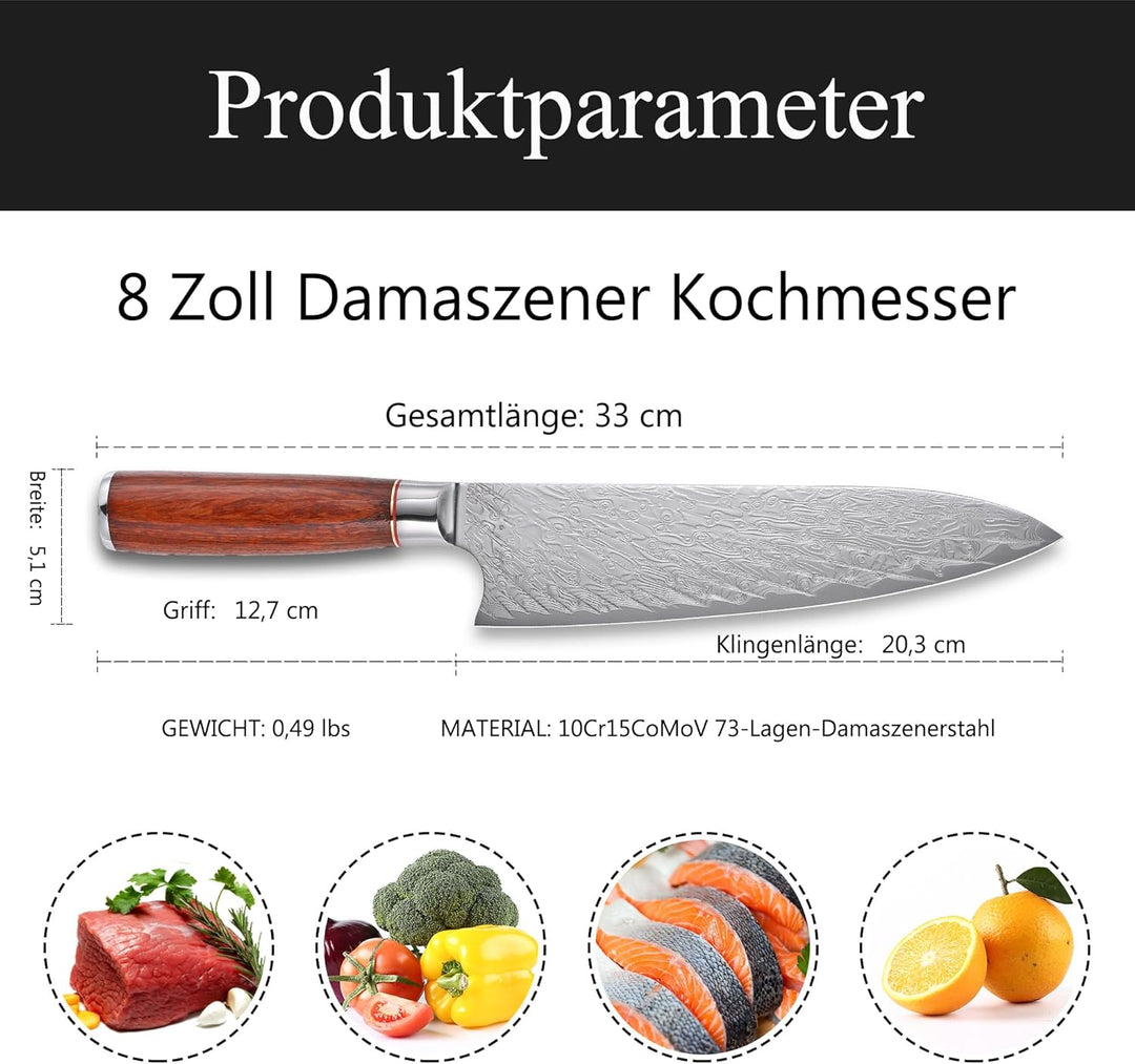 Kitory Damastmesser 20cm Pro Kochmesser 73 Lagen Damaststahl Klinge 10Cr15CoMoV Stahl Küchenmesser m