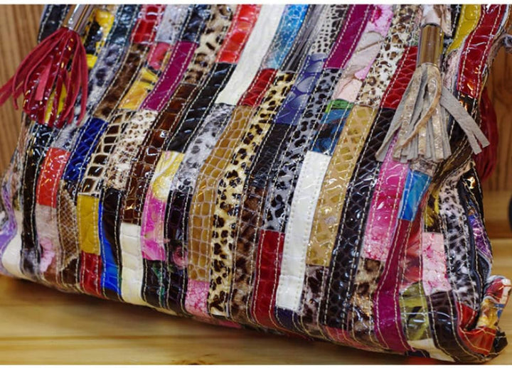 Damen Multicolor Einkaufstasche Echtes Leder Handtasche Bunte Patchwork Grosse Umhängetasche Shopper
