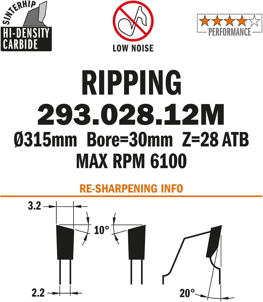CMT Orange Tools Kreissägeblatt HW 315 x 3,2 / 2,2 x 30 Z=28 10° ATB - 293.028.12M - für ausrissfrei