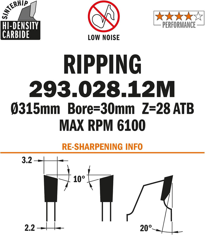 CMT Orange Tools Kreissägeblatt HW 315 x 3,2 / 2,2 x 30 Z=28 10° ATB - 293.028.12M - für ausrissfrei