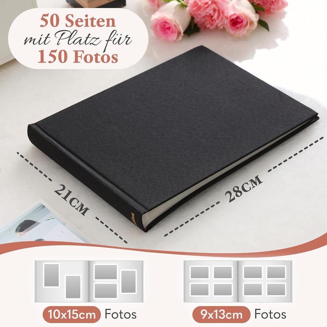 Fotoalbum zum Einkleben - Platz für 150 Fotos - echtes Leinen - Fotobuch 21 x 28 cm in Schwarz - 50