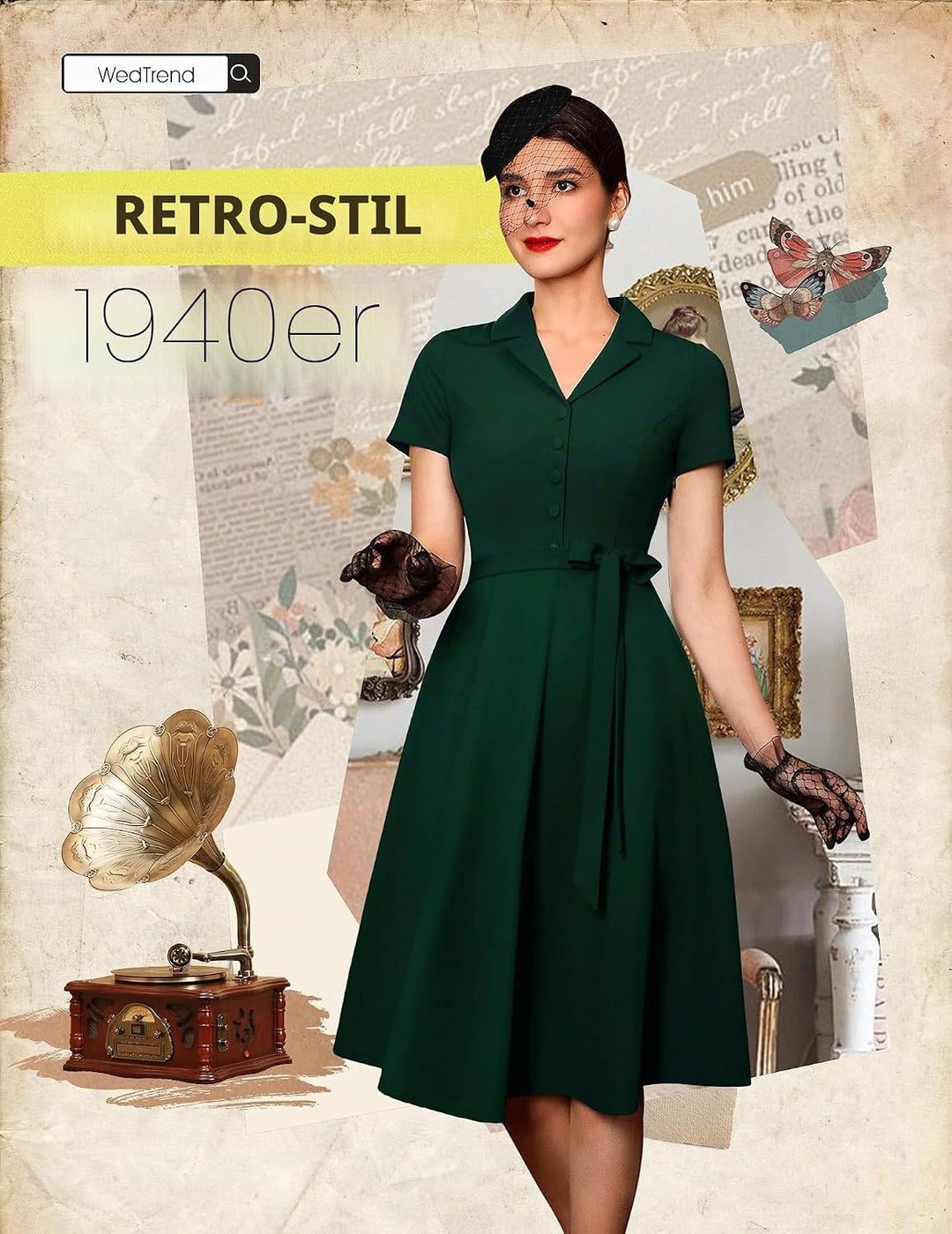 Wedtrend Vintage Cocktailkleid Damen A Linie Midilang V-Ausschnitt Abendkleid Elegant Freizeitkleide