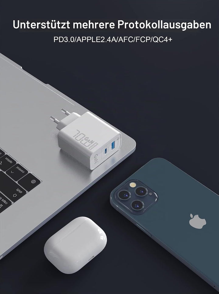 70W USB C Ladegerät 2-Port USB C Netzteil Type C PD GaN Netzteil für MacBook Pro/Air Dell XPS 15 Goo