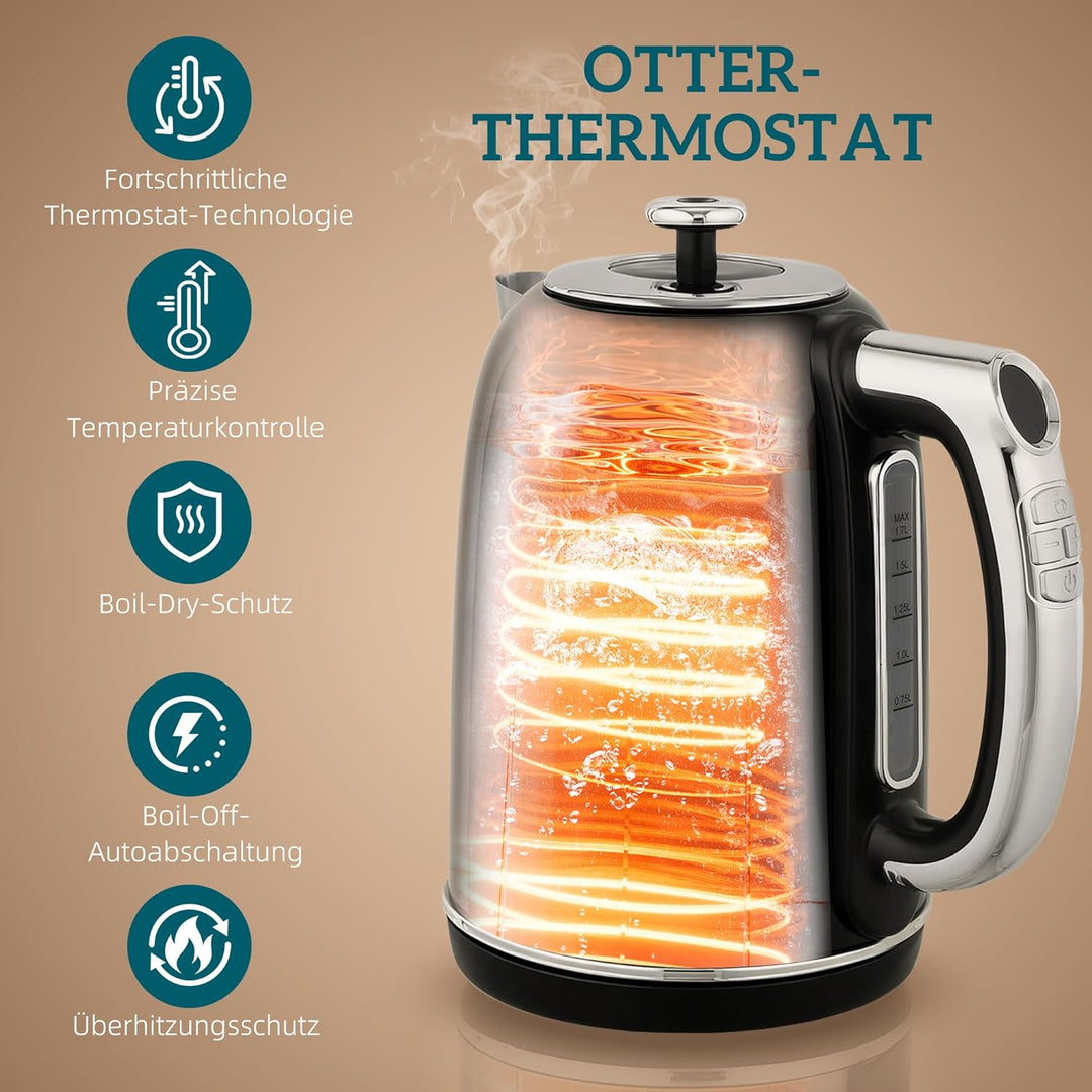 HOMCOM Wasserkocher Toaster Set 1,7L Edelstahl Wasserkocher 2 Scheiben Toaster mit 6 Bräunungsstufen