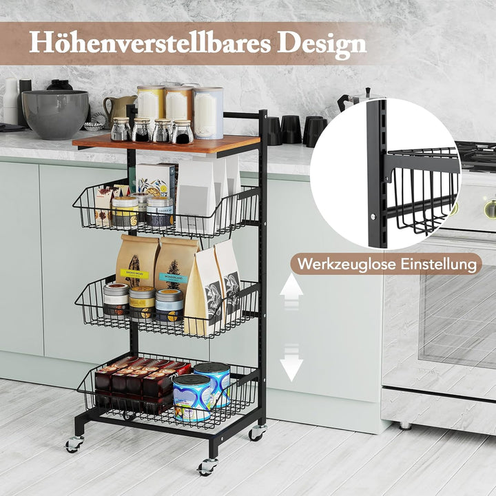 COSTWAY Servierwagen mit Rollen, Gemüseregal mit ausziehbaren Körben &amp; Holzplatte, höhenverstellbar,