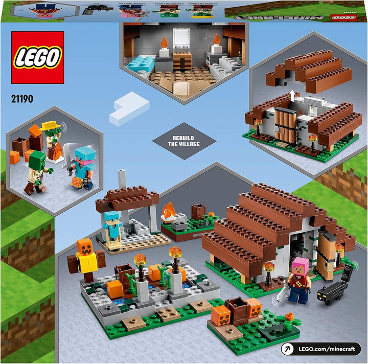 LEGO 21190 Minecraft Das verlassene Dorf, Spielzeug mit Zombiejäger Lager, Werkstatt, Farm und Haus