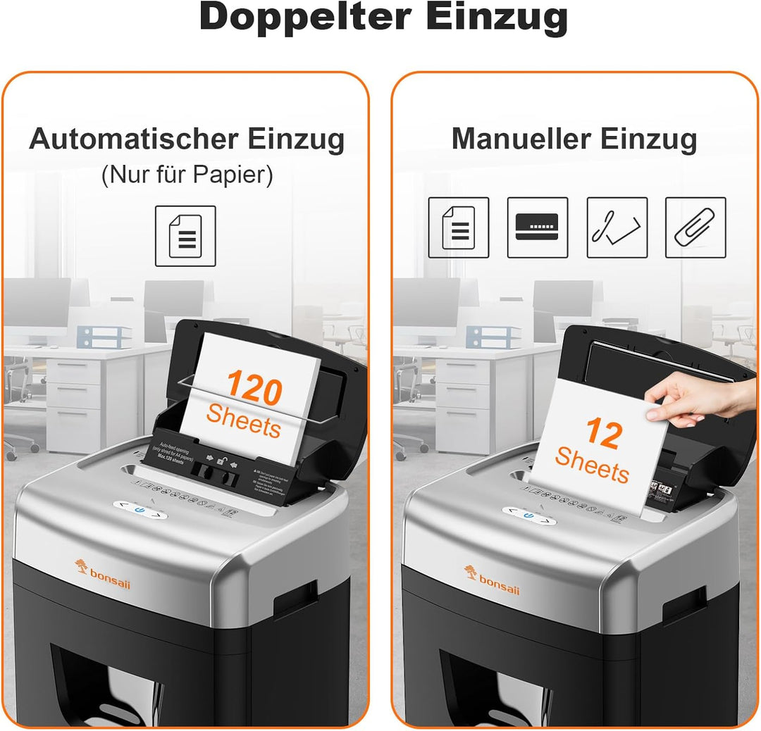 Bonsaii 120 Blatt Aktenvernichter mit Automatischem Einzug, P-4 Partikelschnitt, Extrem Leise mit 62