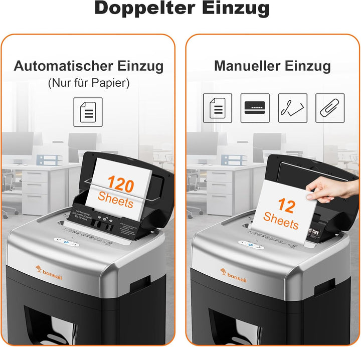 Bonsaii 120 Blatt Aktenvernichter mit Automatischem Einzug, P-4 Partikelschnitt, Extrem Leise mit 62