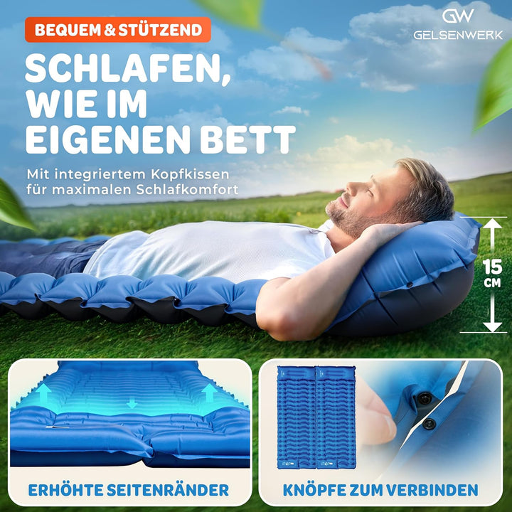 Isomatte Camping Ultraleicht 10cm & kleines Packmass - Camping Luftmatratze mit Fusspumpe & Kopfkiss