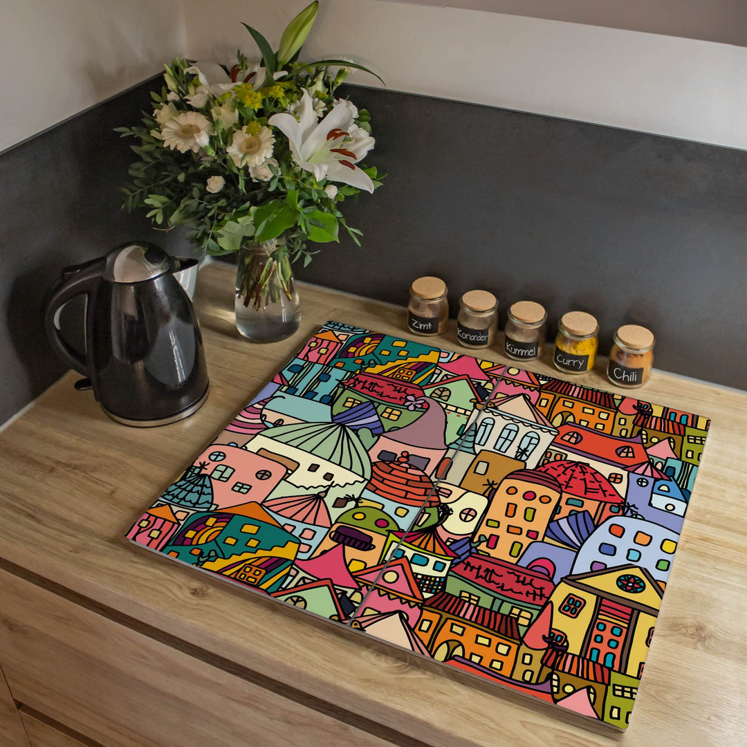 banjado® Herdabdeckplatte Glas 2-teilig je 30x52 cm/Schneidebrett Herdabdeckung mit Motiv Funky Town