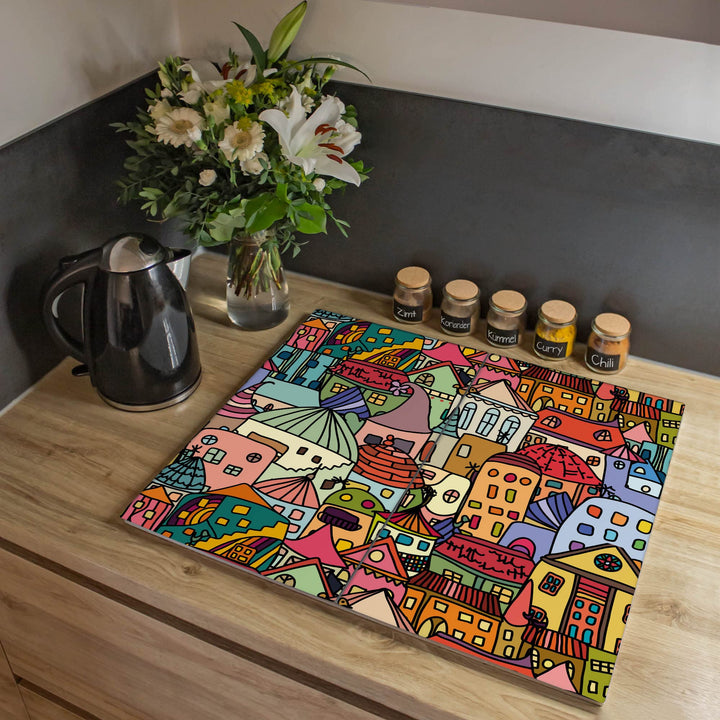 banjado® Herdabdeckplatte Glas 2-teilig je 30x52 cm/Schneidebrett Herdabdeckung mit Motiv Funky Town