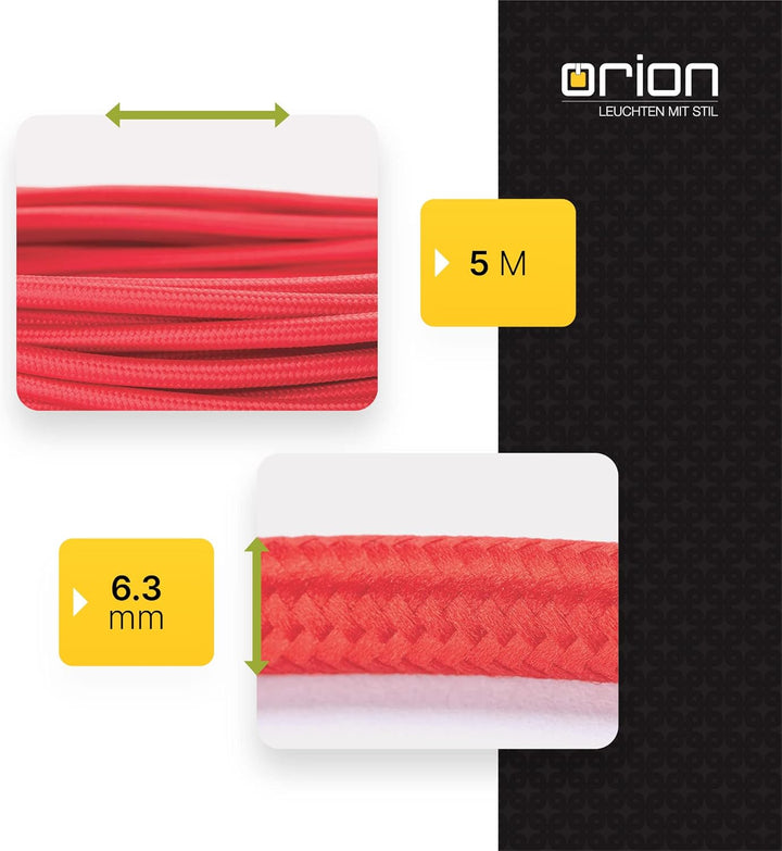 ORION LIGHTSTYLE Textilkabel für Lampen, 5 m Rot, 3-adrig, (3x 0,75 mm²) - Kunststoff Stromkabel mit