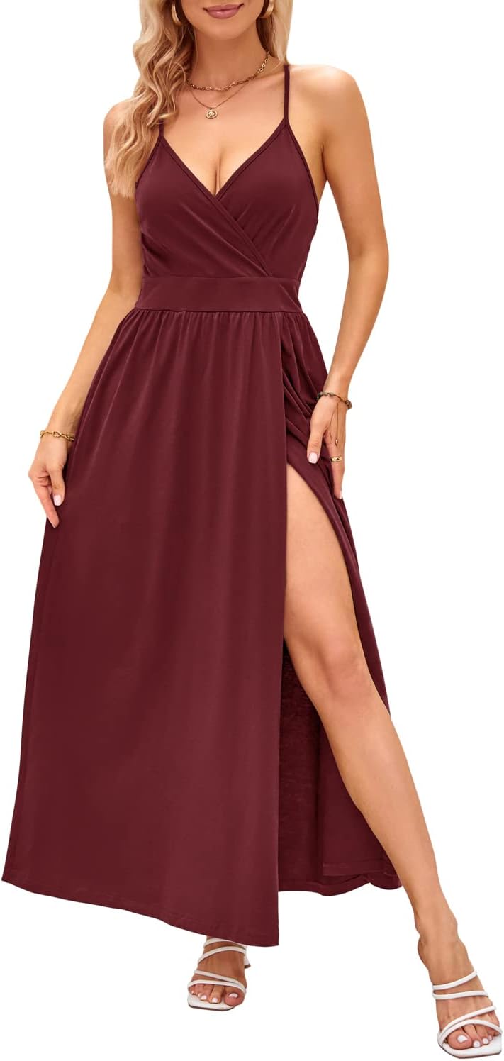 OUGES Damen Sommerkleid V-Ausschnitt Maxikleid Rückenfreies High Waist Spaghetti Strap Freizeitkleid
