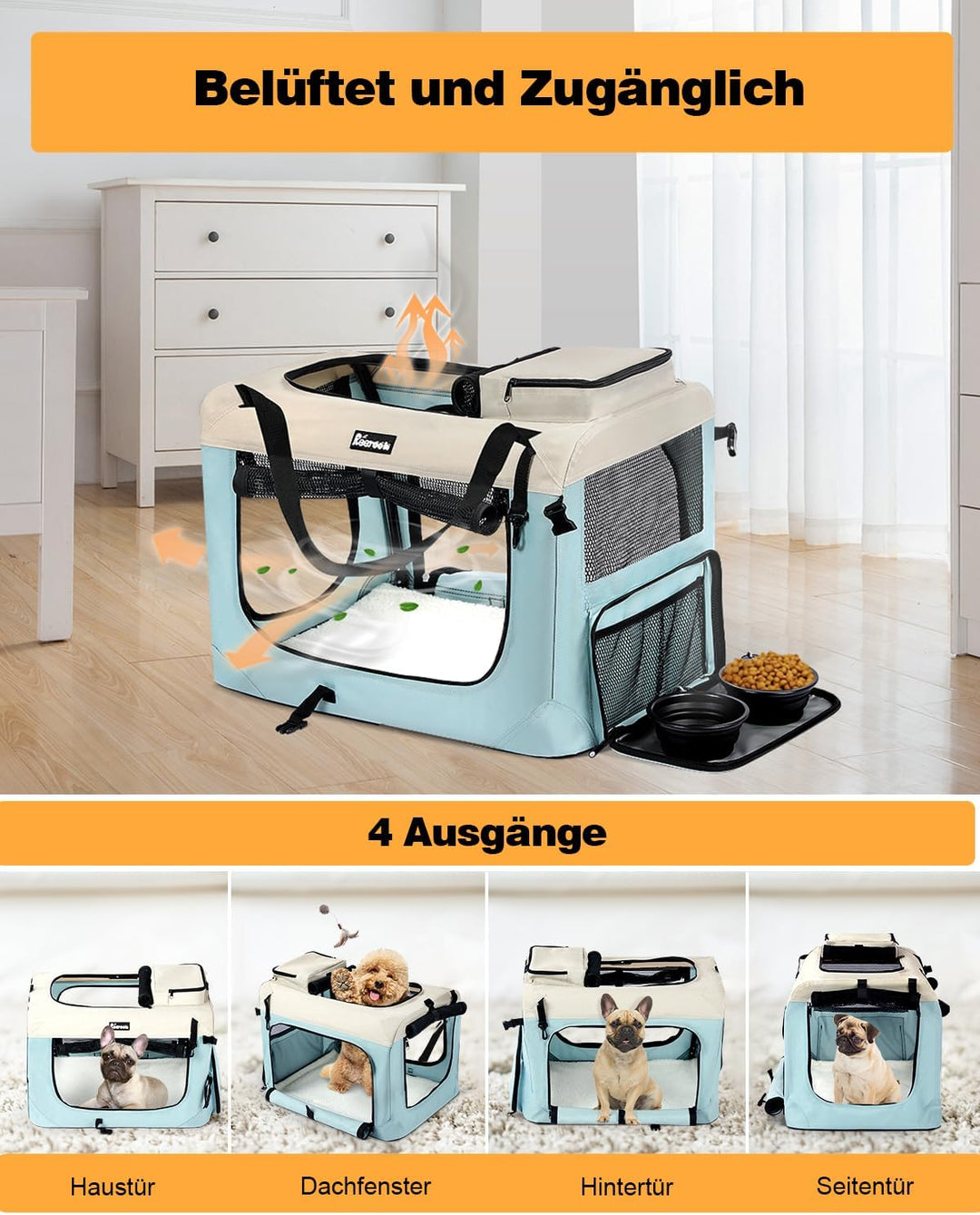 Reerooh Hundebox XL 81x 58 x 58cm, Faltbar Hundetransportbox Inkl.Hundenapf, Tragbare Hundetasche fü