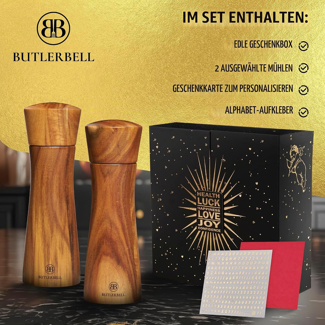 BUTLERBELL® Englisch | Salz und Pfeffermühle Holz in Luxus Geschenkbox mit Herz ideal als Hochzeitsg